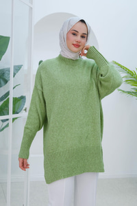 Yırtmaçlı Triko Kazak Fıstık Yeşil