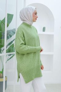 Yırtmaçlı Triko Kazak Fıstık Yeşil