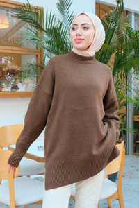 Yırtmaçlı Triko Kazak Kahverengi