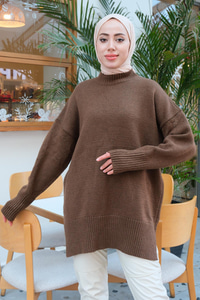 Yırtmaçlı Triko Kazak Kahverengi