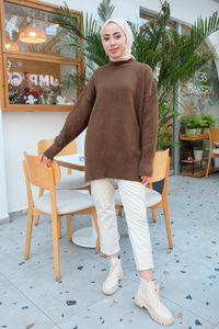 Yırtmaçlı Triko Kazak Kahverengi