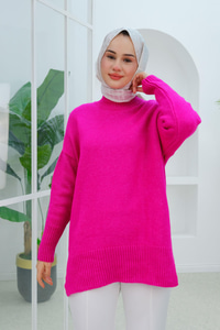 Yırtmaçlı Triko Kazak  Pembe