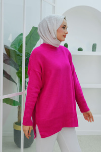 Yırtmaçlı Triko Kazak  Pembe