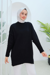 Yırtmaçlı Triko Kazak Siyah