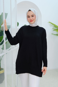 Yırtmaçlı Triko Kazak Siyah