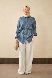 Yonca Desen Saten Bel Bağlamalı Gömlek Mavi