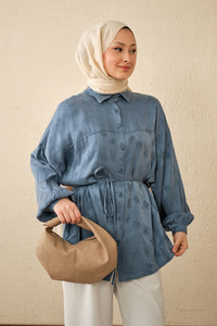 Yonca Desen Saten Bel Bağlamalı Gömlek Mavi