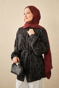 Yonca Desen Saten Bel Bağlamalı Gömlek Siyah