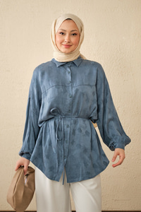 Yonca Desen Saten Bel Bağlamalı Gömlek Mavi