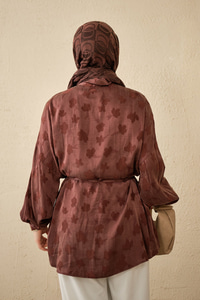 Yonca Desen Saten Bel Bağlamalı Gömlek Bordo