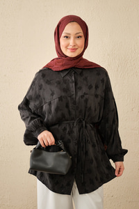 Yonca Desen Saten Bel Bağlamalı Gömlek Siyah