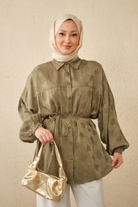 Yonca Desen Saten Bel Bağlamalı Gömlek Haki Yeşil