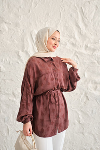 Yonca Desen Saten Bel Bağlamalı Gömlek Kahverengi