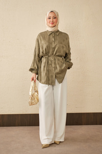 Yonca Desen Saten Bel Bağlamalı Gömlek Haki Yeşil