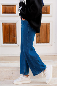 Yüksek Bel Bol Paça Kot Pantolon Mavi