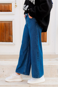 Yüksek Bel Bol Paça Kot Pantolon Mavi