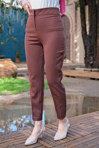 YUKSEK BEL KUMAS PANTOLON KAHVERENGI