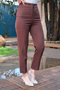 YUKSEK BEL KUMAS PANTOLON KAHVERENGI