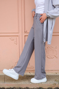Yüksek Bel Lastikli Bol Paça Pantolon Gri