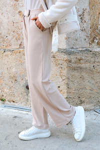 Yüksek Bel Lastikli Bol Paça Pantolon Bej