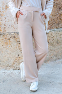 Yüksek Bel Lastikli Bol Paça Pantolon Bej