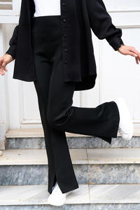 Yüksek Bel Scuba Yırtmaçlı Pantolon Siyah