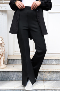 Yüksek Bel Scuba Yırtmaçlı Pantolon Siyah