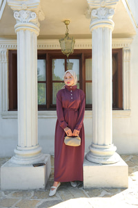 Yüksek Yaka Çıtçıtlı Elbise Mürdüm