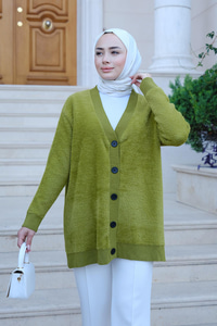 Yumuşak Dokulu Düğmeli Hırka Yağ Yeşil