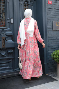 Zambak Desen Elbise Fuşya