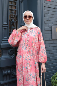 Zambak Desen Elbise Fuşya