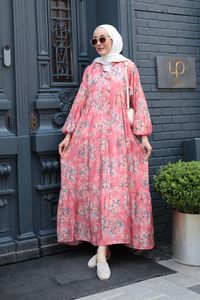 Zambak Desen Elbise Fuşya