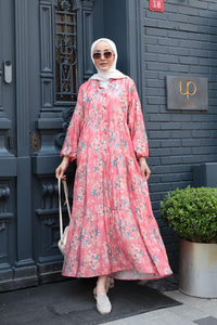 Zambak Desen Elbise Fuşya