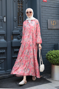 Zambak Desen Elbise Fuşya