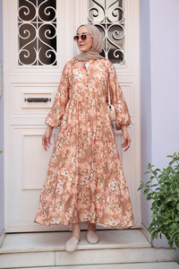 Zambak Desen Elbise Kahverengi