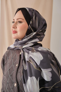 Zambak Desenli Soft Şal Füme