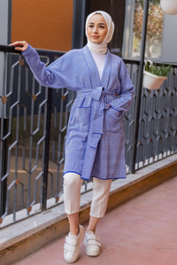 Uygun Fiyatlı ZIKZAK DESEN CEPLI UZUN HIRKA MAVI | Loccomoda.com 