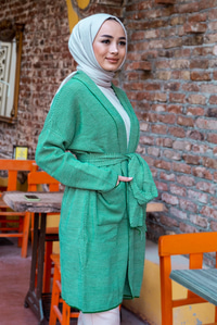 Uygun Fiyatlı ZIKZAK DESEN CEPLI UZUN HIRKA YESIL | Loccomoda.com 