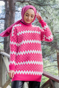 Uygun Fiyatlı ZIKZAK DESEN TRIKO TUNIK PEMBE | Loccomoda.com 