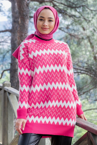 Uygun Fiyatlı ZIKZAK DESEN TRIKO TUNIK PEMBE | Loccomoda.com 
