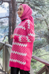 Uygun Fiyatlı ZIKZAK DESEN TRIKO TUNIK PEMBE | Loccomoda.com 