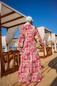 Zİkzak Desenli Elbise Fuşya