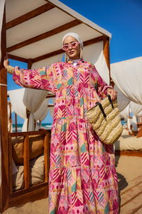 Zİkzak Desenli Elbise Fuşya