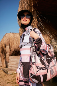 Zincir Desenli Tam Kapalı Tesettür Mayo Pudra