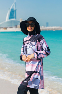 Zincir Desenli Tam Kapalı Tesettür Mayo Pudra