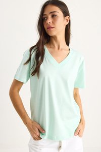 %100 Organik Pamuk Derin V Yakalı Comfort Fit T-Shirt 60602066 - Su Yeşili