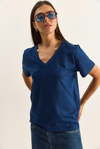 %100 Organik Pamuk Derin V Yakalı Comfort Fit T-Shirt 60602066 - Lacivert T-SHİRT modelleri