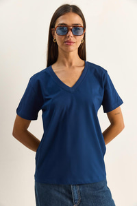 %100 Organik Pamuk Derin V Yakalı Comfort Fit T-Shirt 60602066 - Lacivert T-SHİRT modelleri