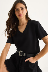 %100 Organik Pamuk Derin V Yakalı Comfort Fit T-Shirt 60602066 - Siyah T-SHİRT modelleri