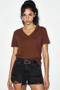 %100 Organik Pamuk Derin V Yakalı Comfort Fit T-Shirt 60602066 - Kahverengi T-SHİRT modelleri